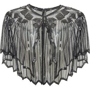 Women Sequin Beaded Evening Cape 1920s Shawl  Wraps (Black)